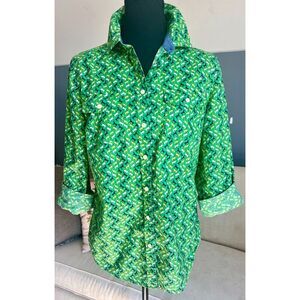 Talbots Womens Top Shirt Size 6 Green Horse Print Roll Tab Sleeve EUC